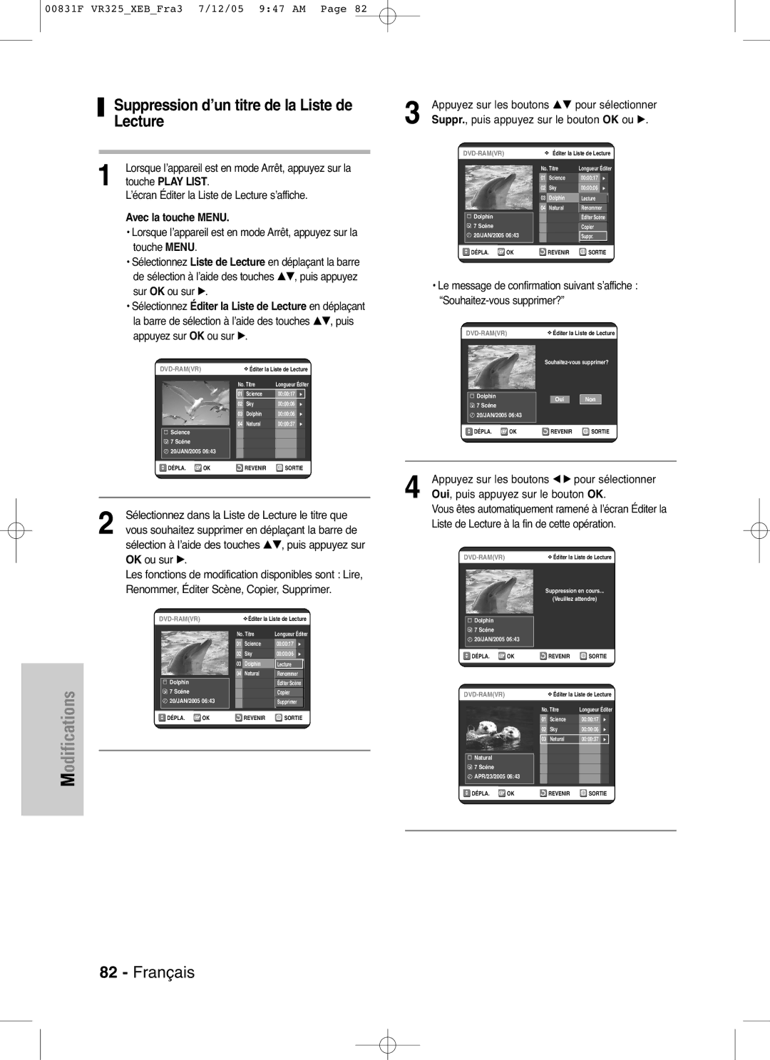 Samsung DVD-VR325P manual Suppression d’un titre de la Liste de Lecture, Liste de Lecture à la fin de cette opération 