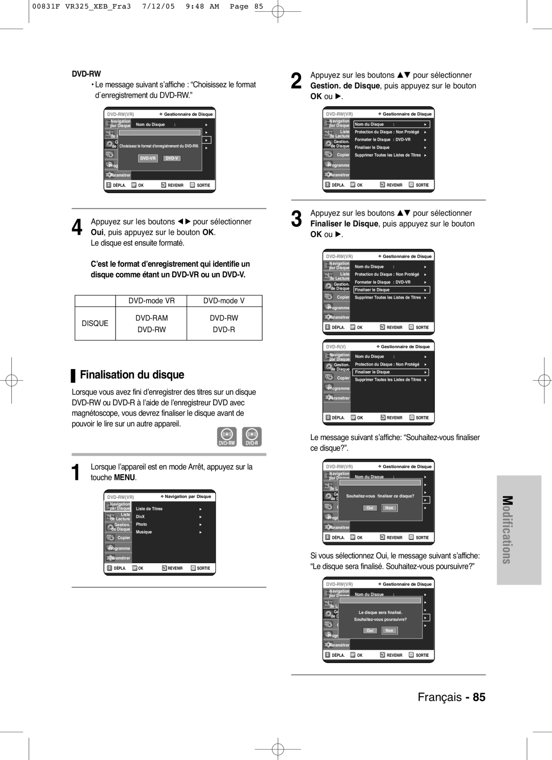Samsung DVD-VR325/XEF, DVD-VR325P manual Finalisation du disque, Le disque est ensuite formaté, DVD-mode VR 
