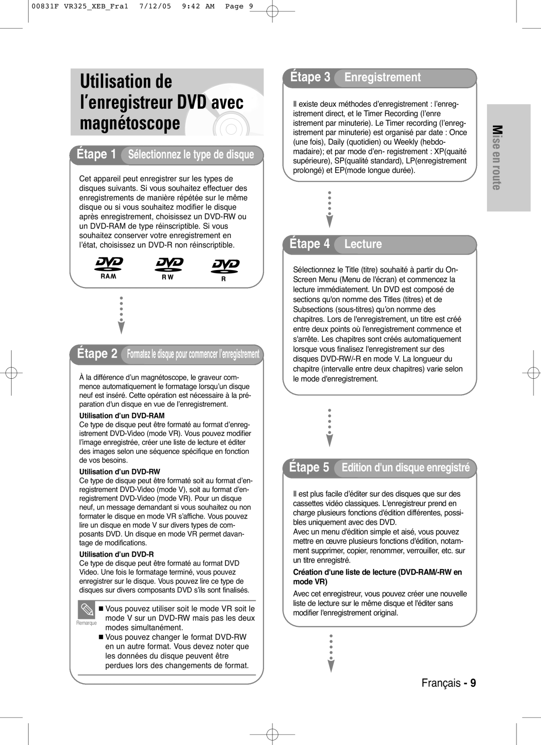 Samsung DVD-VR325/XEF, DVD-VR325P manual Utilisation d’un DVD-RAM, Utilisation d’un DVD-RW 