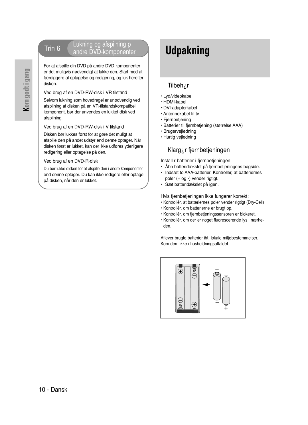 Samsung DVD-VR325/XEE manual Udpakning, Tilbehør, Klargør fjernbetjeningen, Dansk 