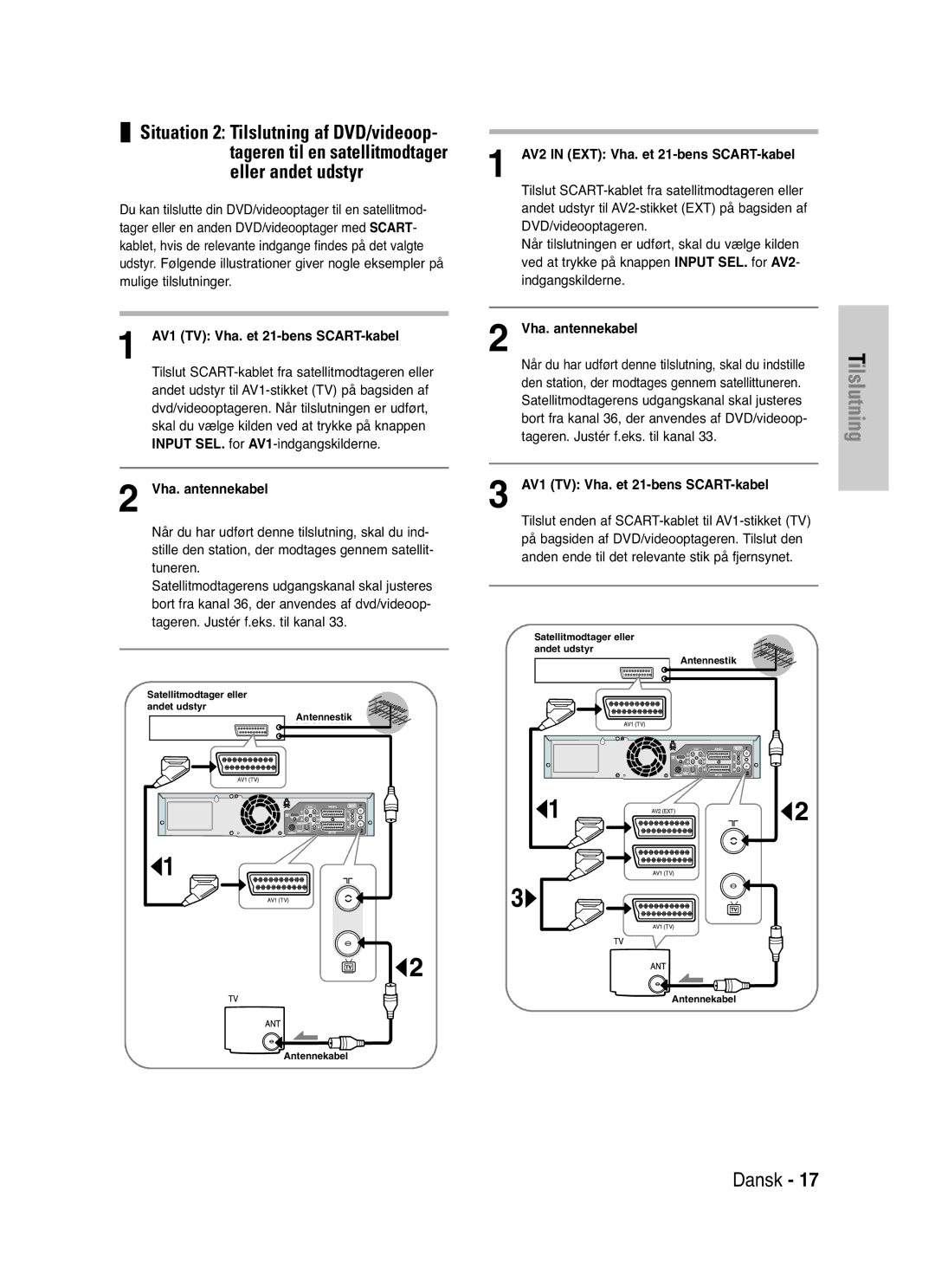 Samsung DVD-VR325/XEE manual AV1 TV Vha. et 21-bens SCART-kabel, Vha. antennekabel, AV2 in EXT Vha. et 21-bens SCART-kabel 