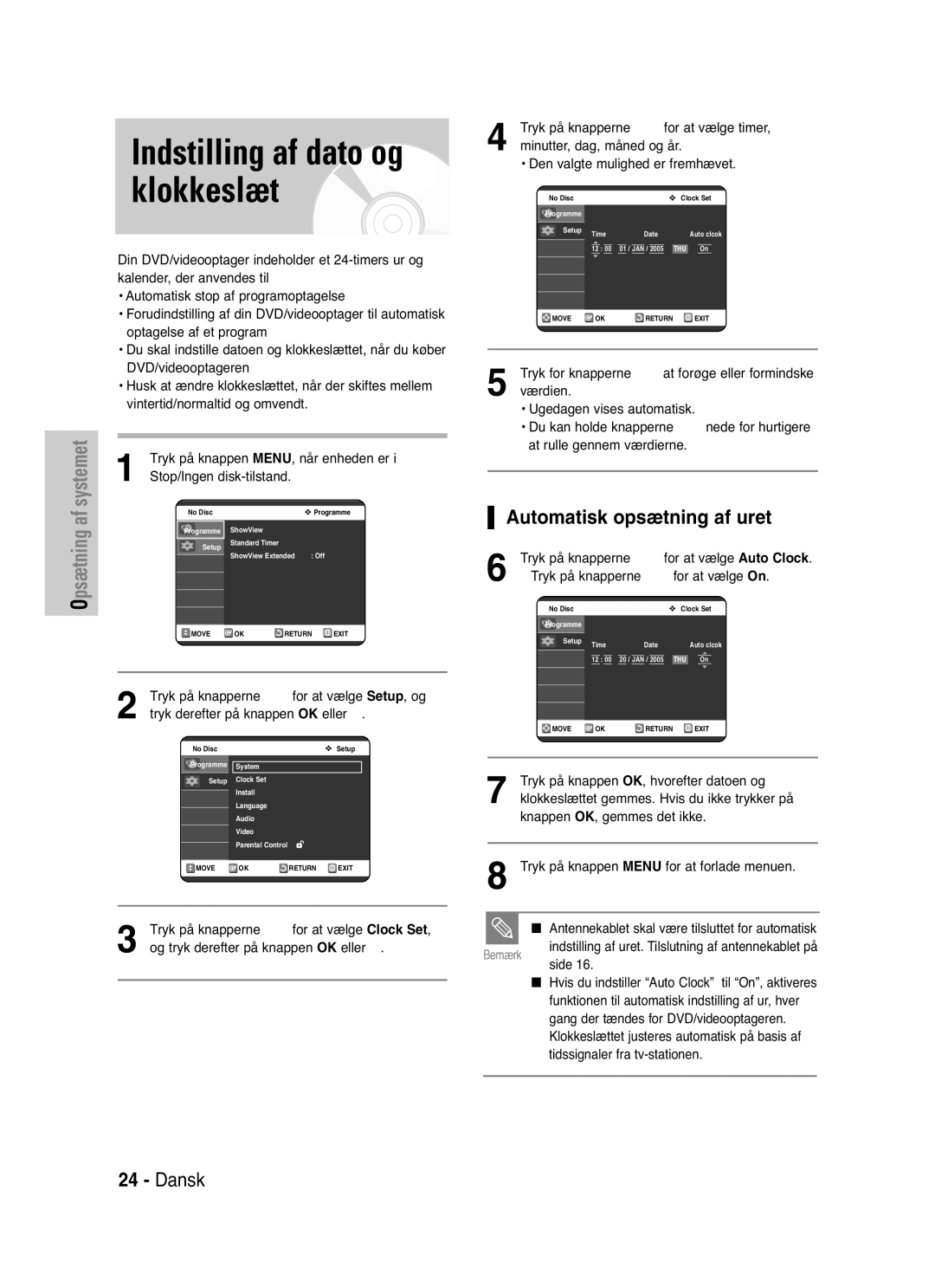 Samsung DVD-VR325/XEE manual Automatisk opsætning af uret 