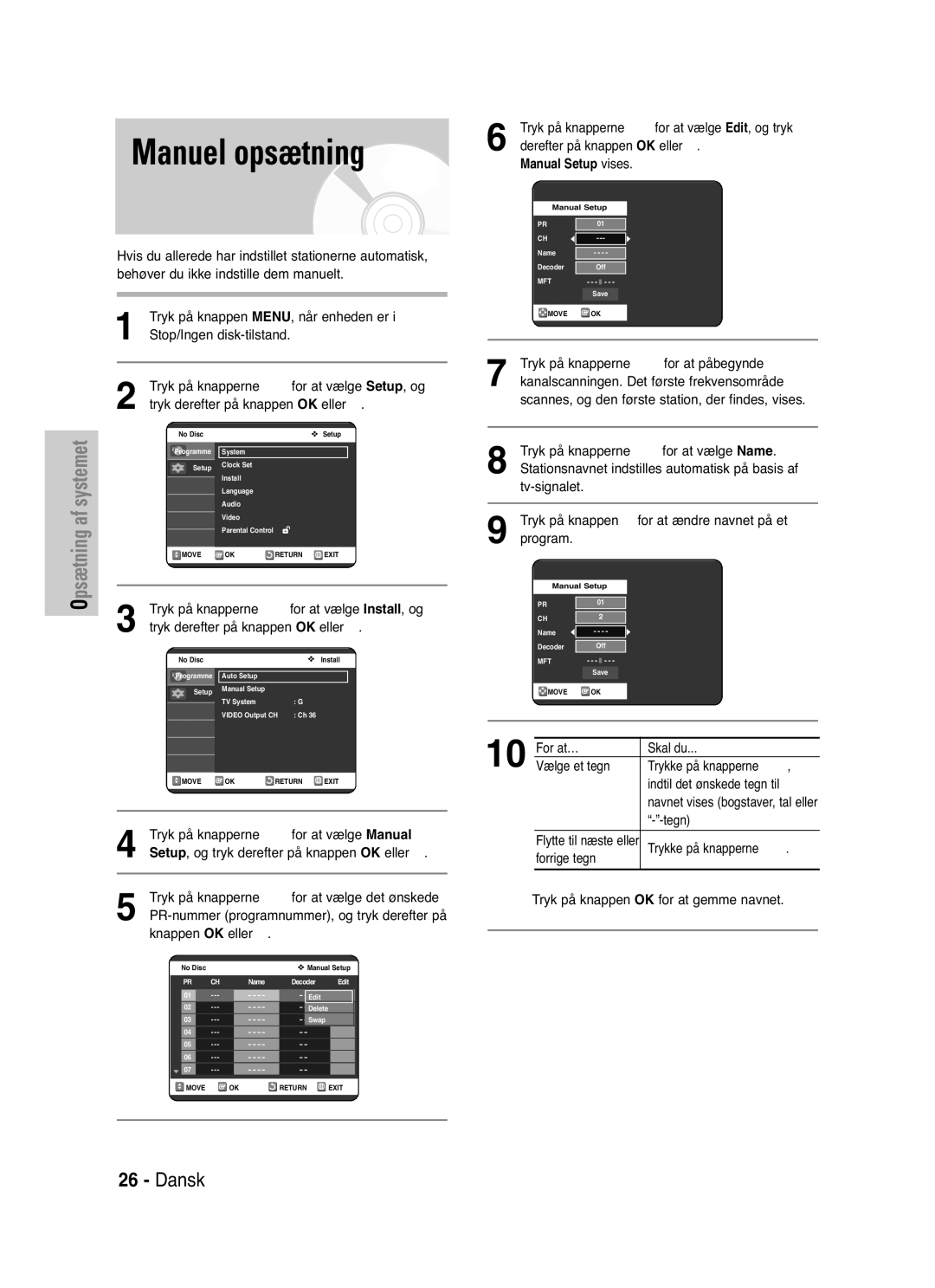 Samsung DVD-VR325/XEE manual Manuel opsætning 