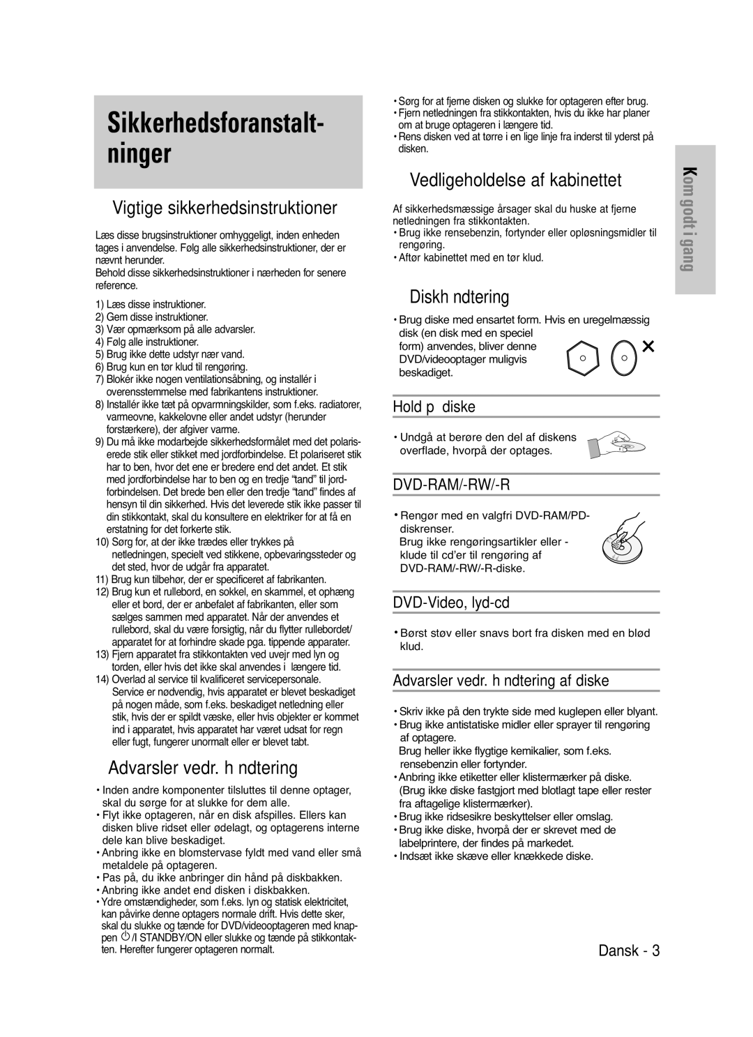 Samsung DVD-VR325/XEE Sikkerhedsforanstalt- ninger, Hold på diske, DVD-Video, lyd-cd, Advarsler vedr. håndtering af diske 