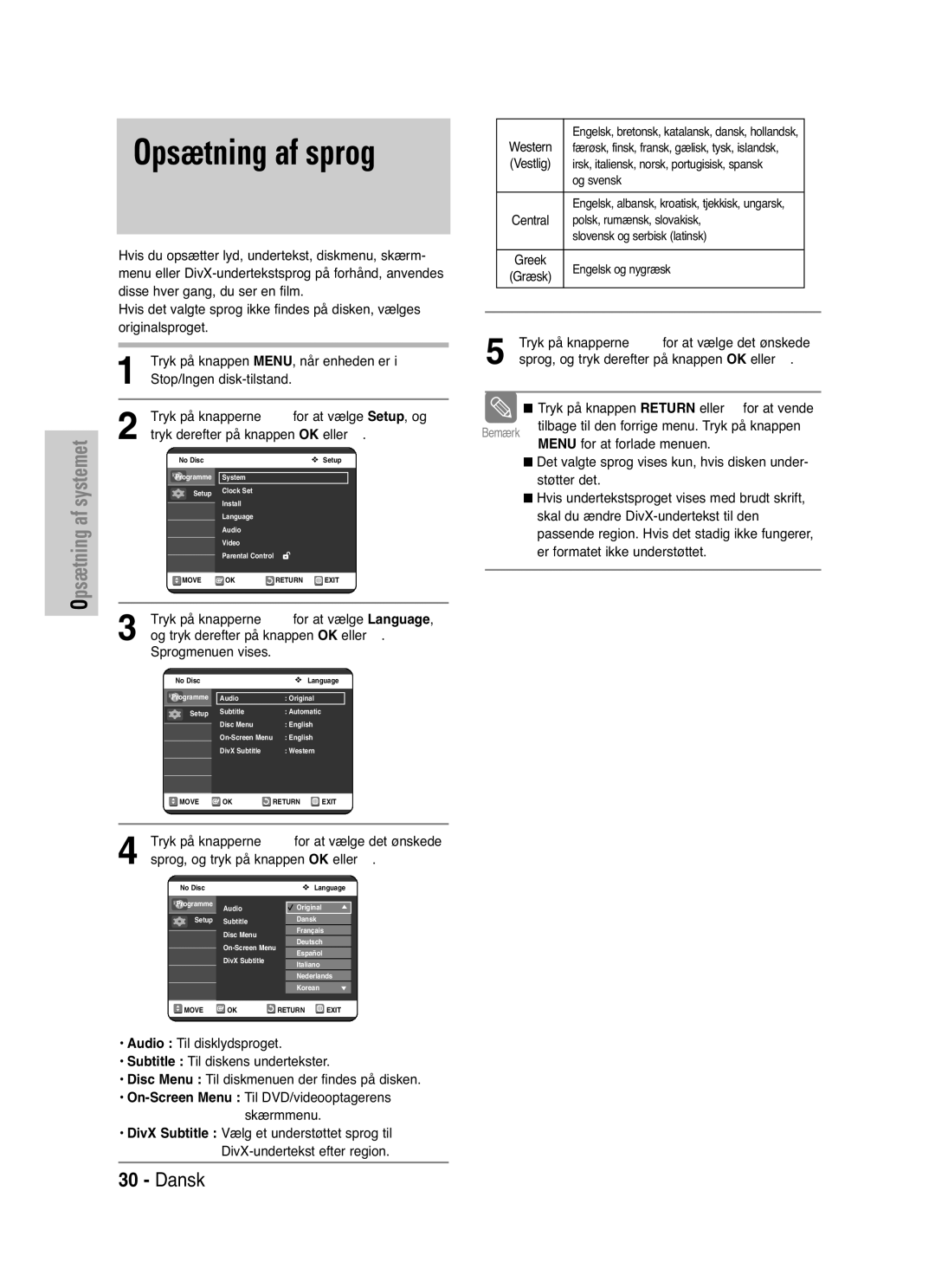 Samsung DVD-VR325/XEE manual Opsætning af sprog, Tryk på knapperne …† for at vælge Language, Sprogmenuen vises 