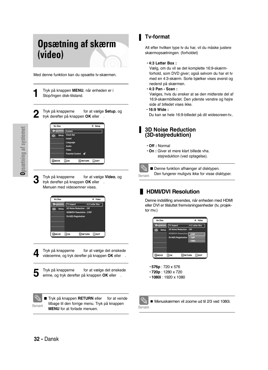 Samsung DVD-VR325/XEE manual Opsætning af skærm video, Tv-format, 3D Noise Reduction 3D-støjreduktion, HDMI/DVI Resolution 