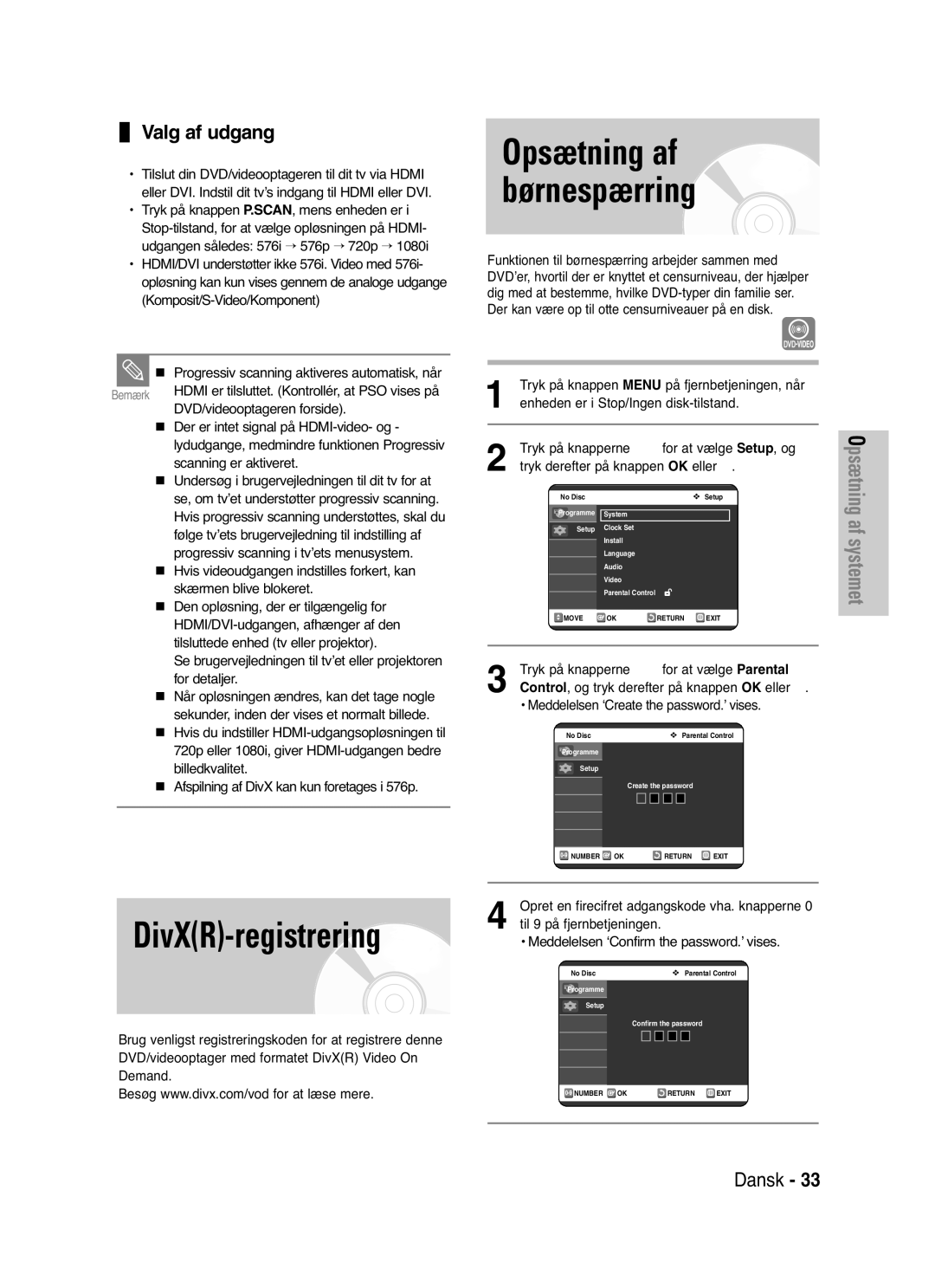 Samsung DVD-VR325/XEE manual DivXR-registrering, Opsætning af børnespærring, Valg af udgang 