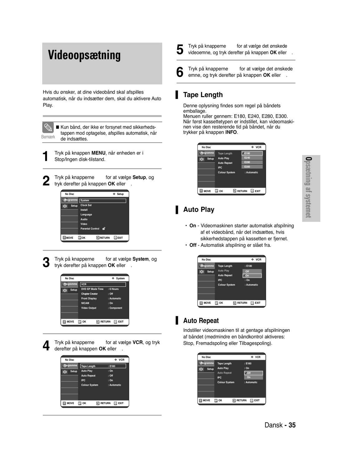 Samsung DVD-VR325/XEE Videoopsætning, Tape Length, Auto Play, Auto Repeat, Kun bånd, der ikke er forsynet med sikkerheds 