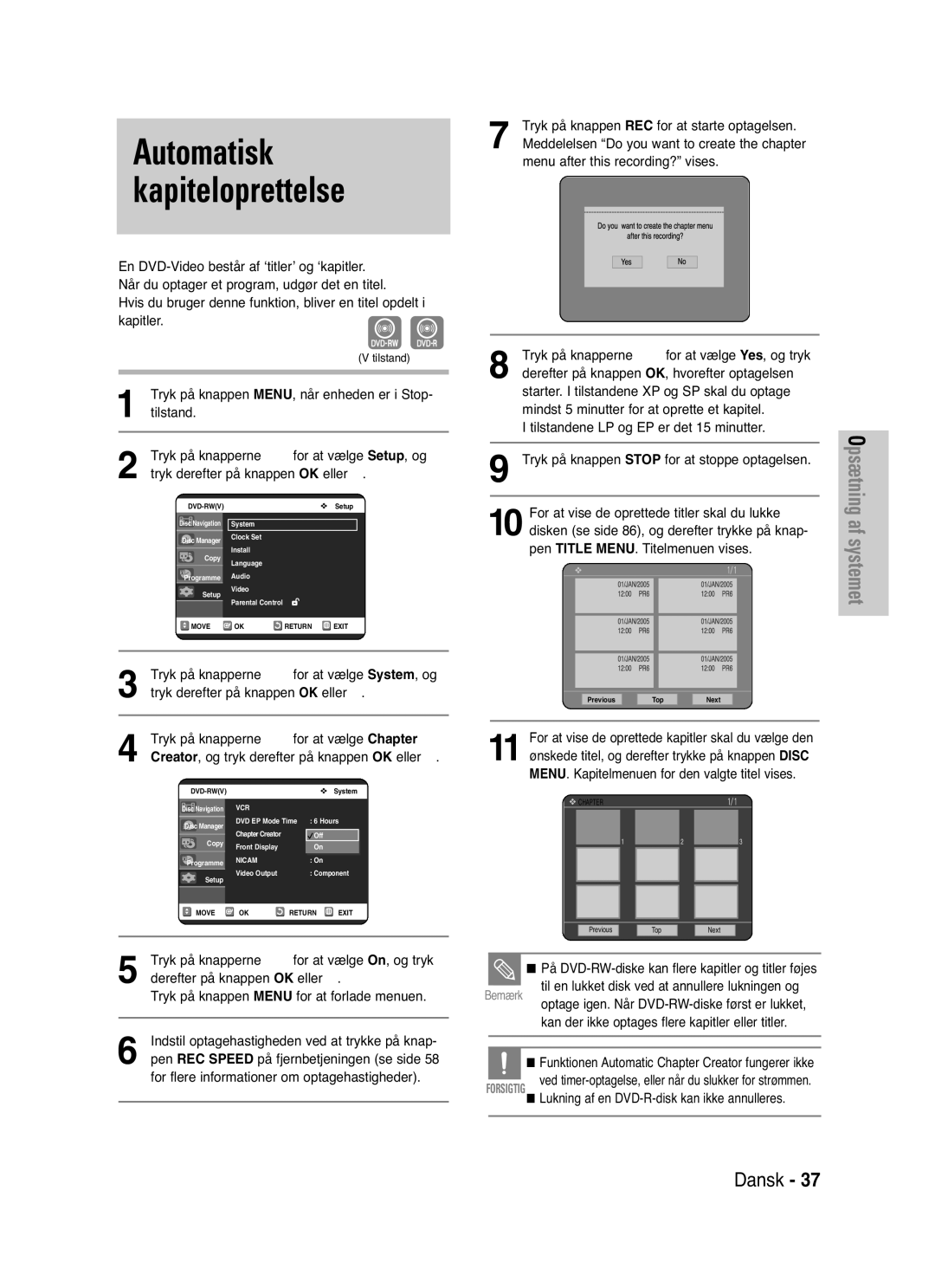 Samsung DVD-VR325/XEE manual Automatisk kapiteloprettelse 