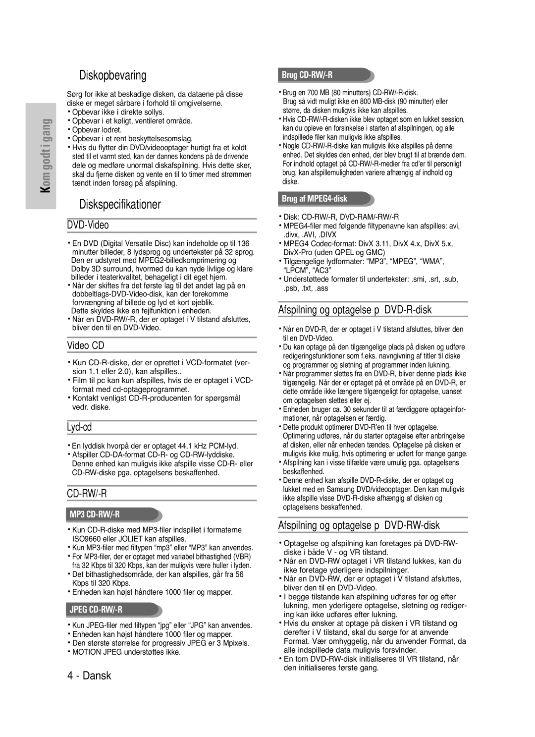 Samsung DVD-VR325/XEE DVD-Video, Lyd-cd, Afspilning og optagelse på DVD-R-disk, Afspilning og optagelse på DVD-RW-disk 