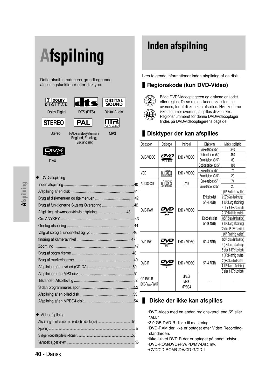 Samsung DVD-VR325/XEE manual Inden afspilning, Regionskode kun DVD-Video, Disktyper der kan afspilles 