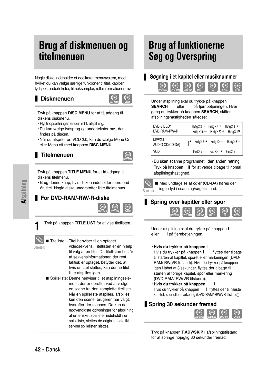 Samsung DVD-VR325/XEE manual Brug af funktionerne Søg og Overspring 