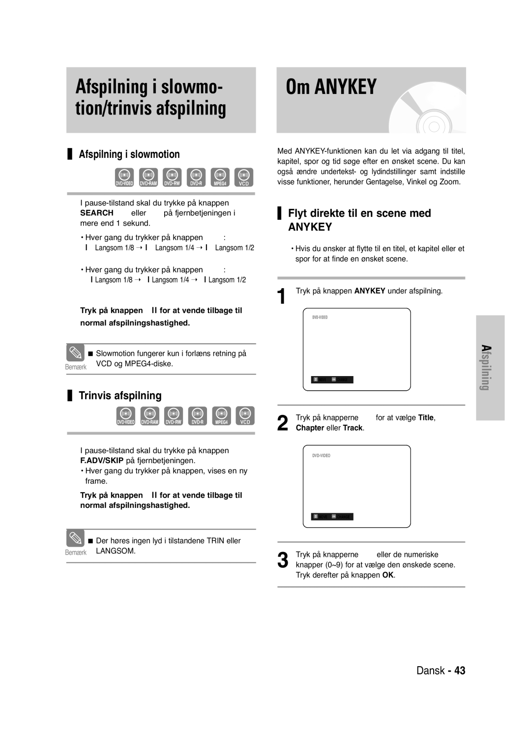 Samsung DVD-VR325/XEE Om Anykey, Afspilning i slowmo- tion/trinvis afspilning, Afspilning i slowmotion, Trinvis afspilning 