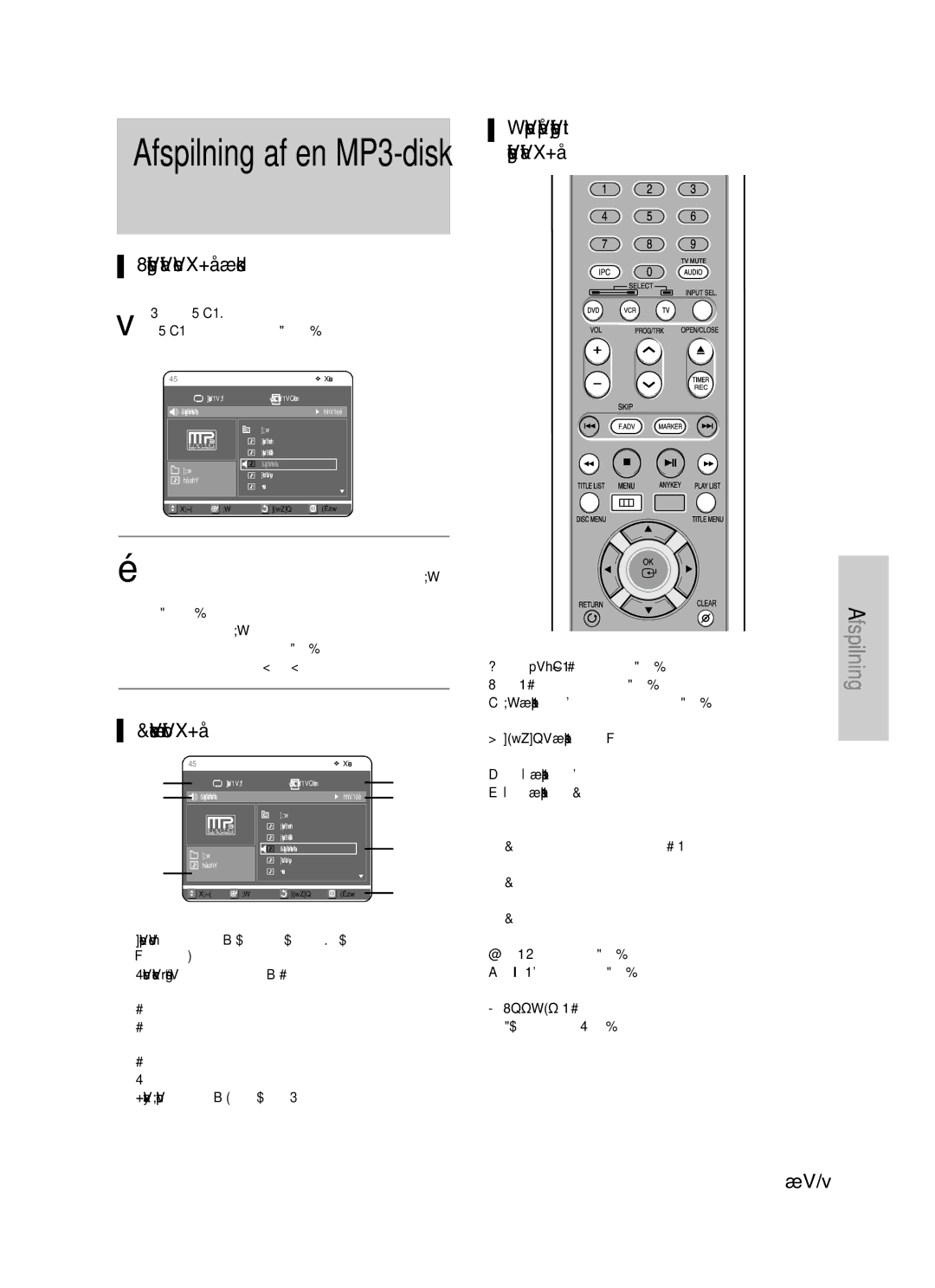 Samsung DVD-VR325/XEE manual Afspilning af en MP3-disk, Knapper på fjernbetjeningen til afspilning af MP3 