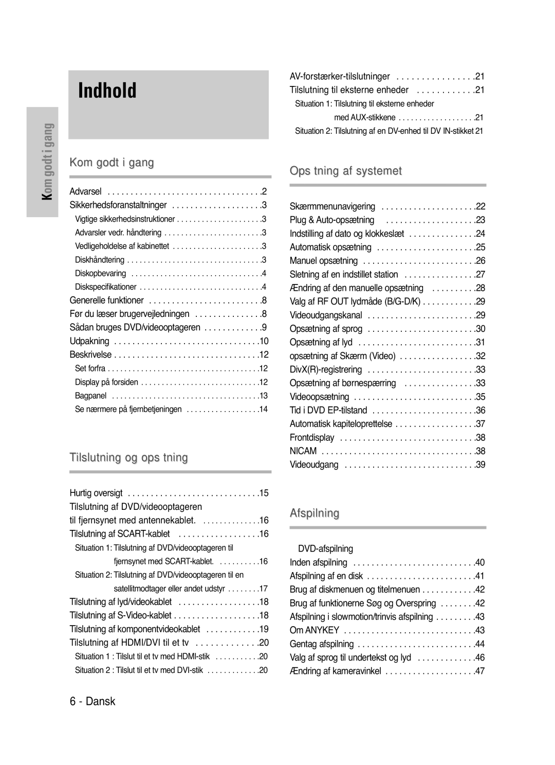 Samsung DVD-VR325/XEE manual Indhold 