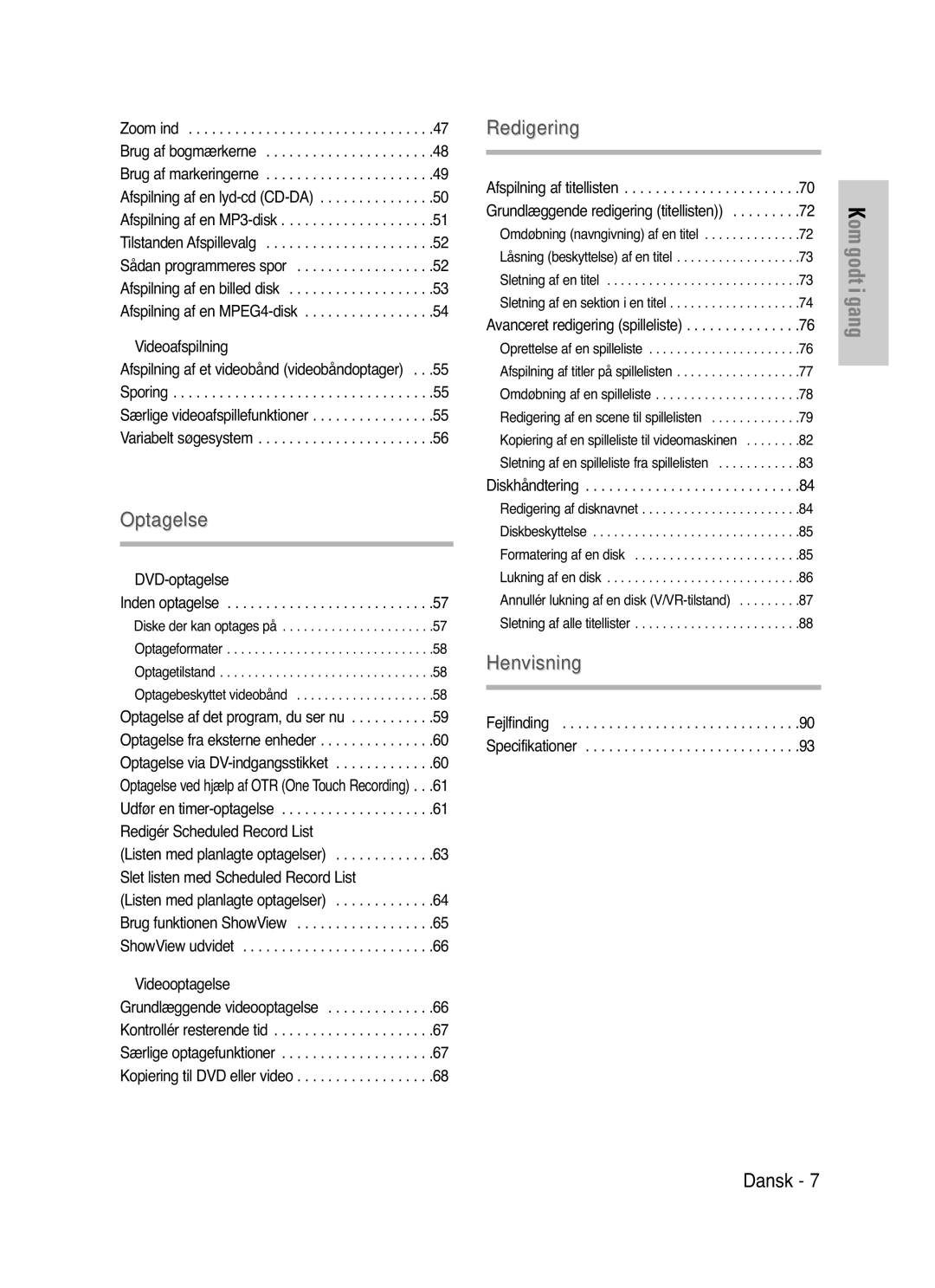 Samsung DVD-VR325/XEE manual Optagelse 