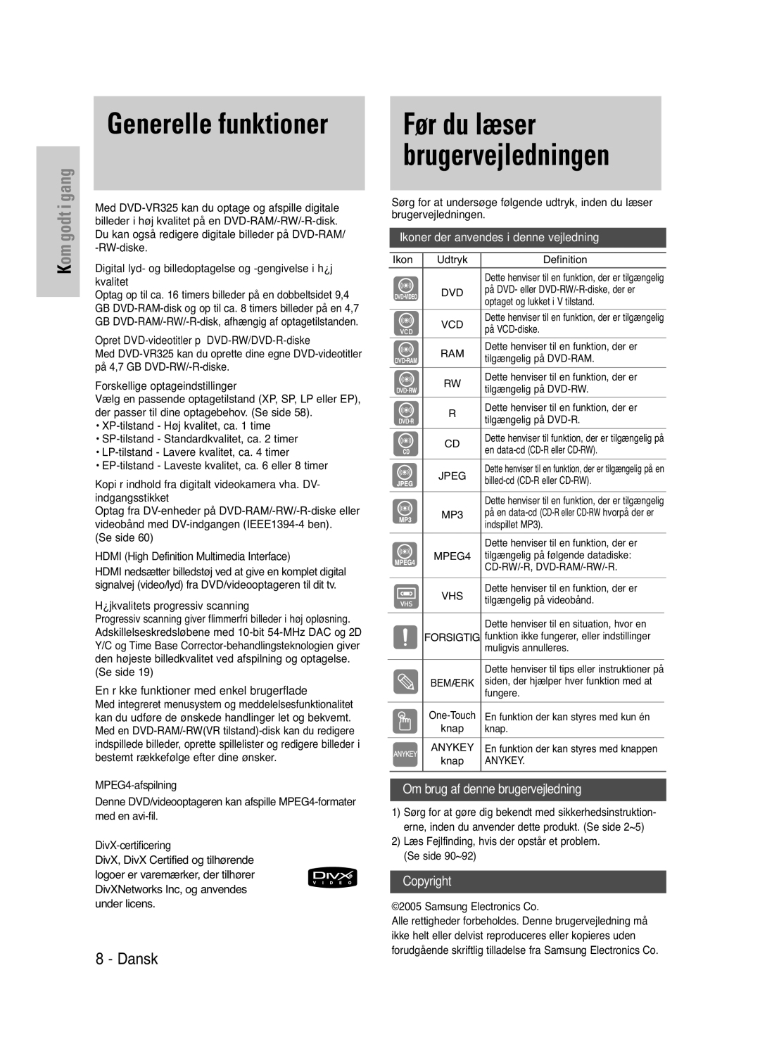 Samsung DVD-VR325/XEE manual Før du læser brugervejledningen 