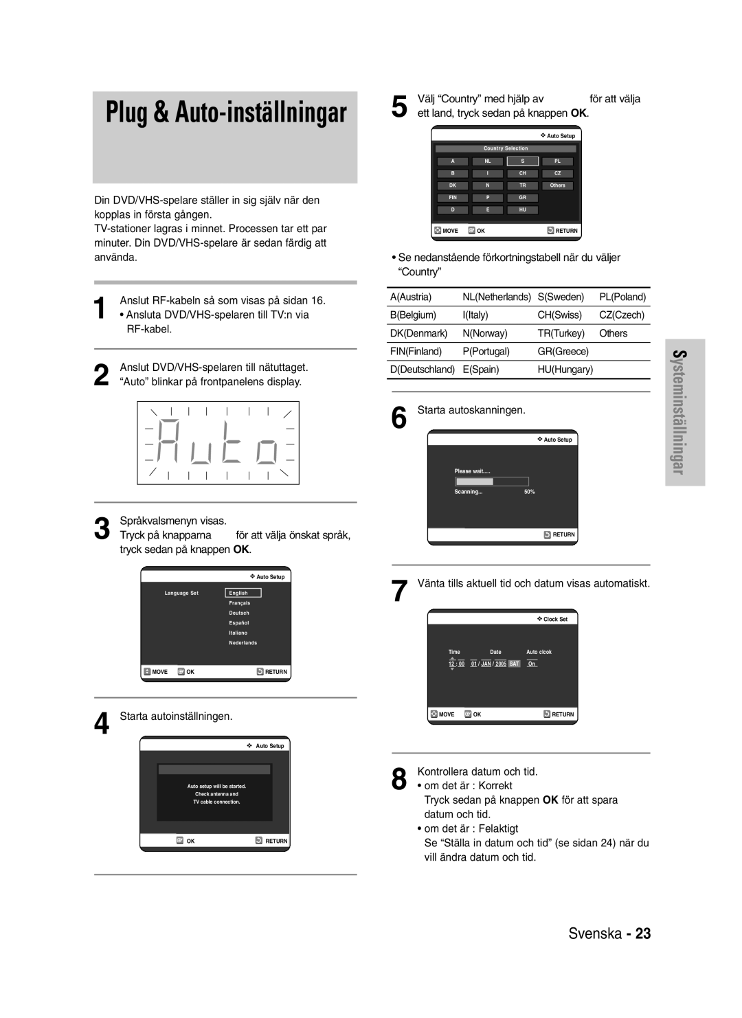 Samsung DVD-VR325/XEE manual Välj Country med hjälp av …† œ √ för att välja, Ett land, tryck sedan på knappen OK 