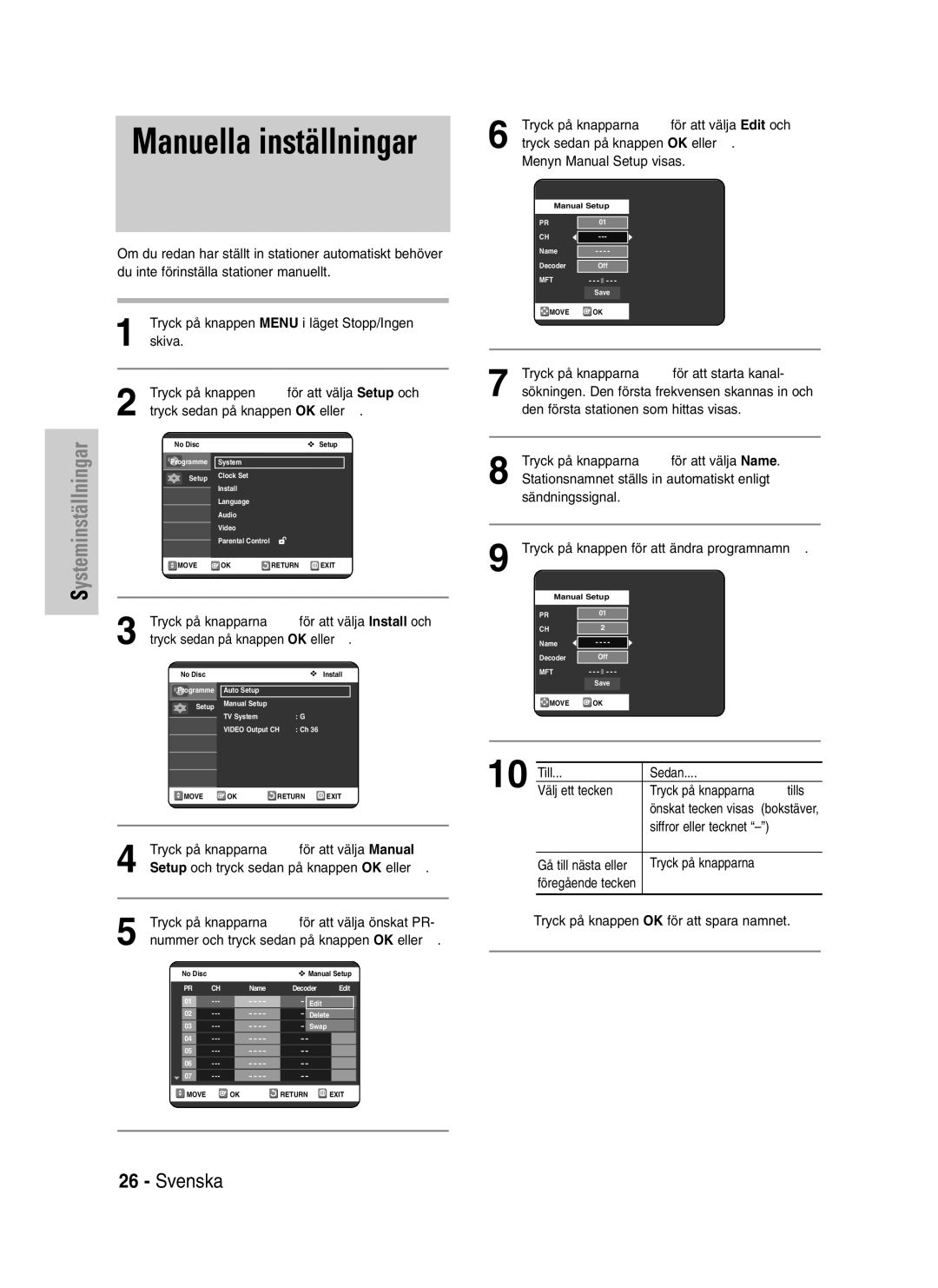 Samsung DVD-VR325/XEE manual Tryck på knapparna …† för att välja Manual, Setup och tryck sedan på knappen OK eller √ 