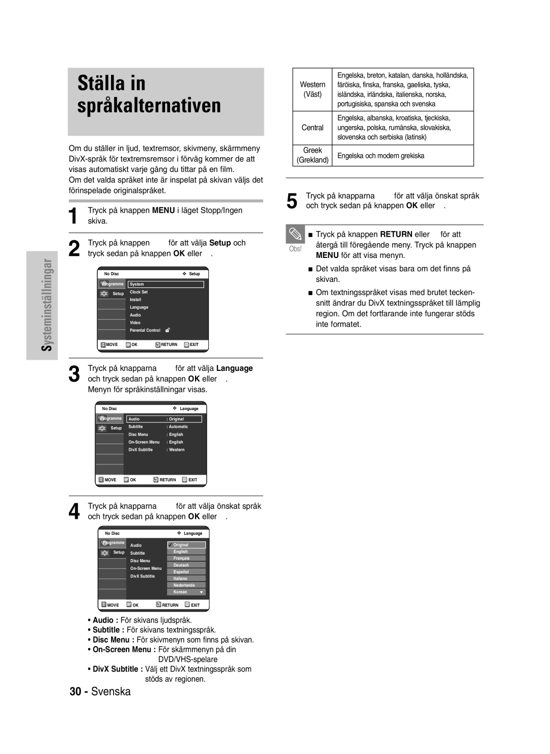 Samsung DVD-VR325/XEE manual Tryck på knapparna …† för att välja önskat språk, Och tryck sedan på knappen OK eller √ 