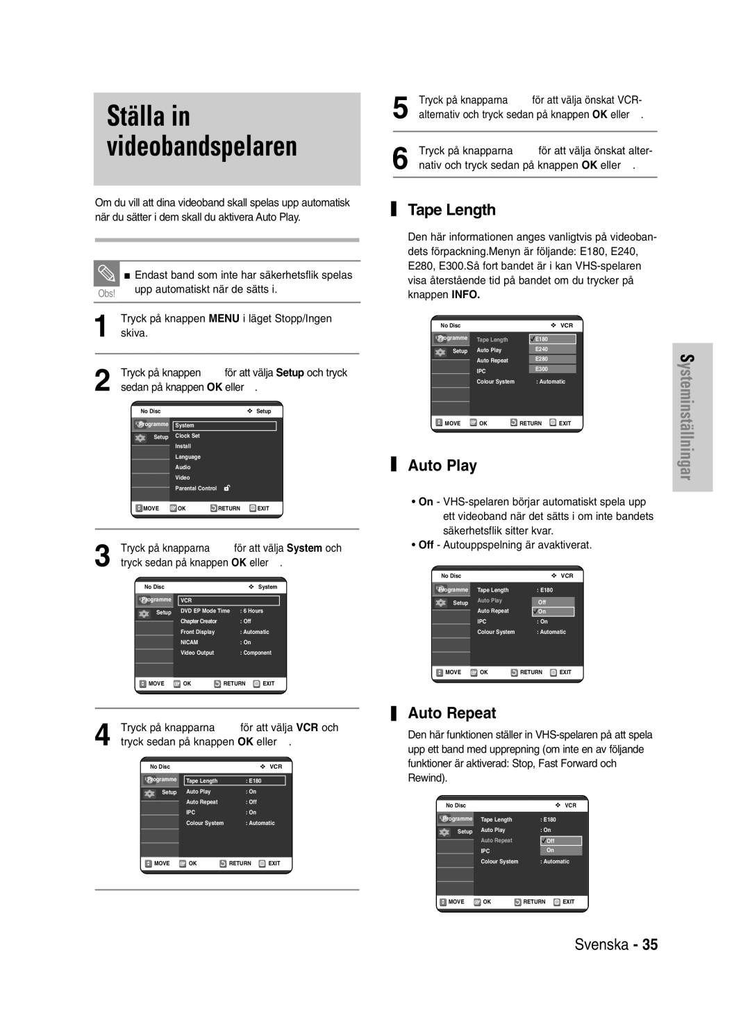 Samsung DVD-VR325/XEE manual Ställa in videobandspelaren, Tape Length, Auto Play, Auto Repeat 
