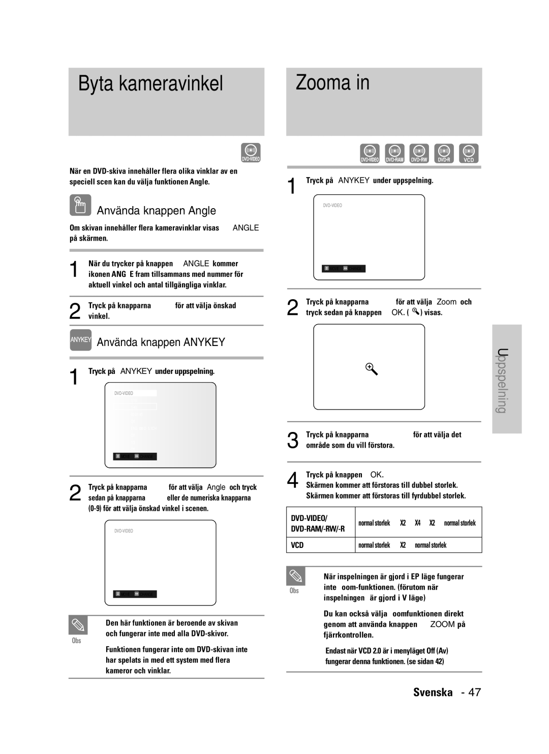 Samsung DVD-VR325/XEE manual Byta kameravinkel, Zooma, Använda knappen Angle, Använda knappen Anykey 