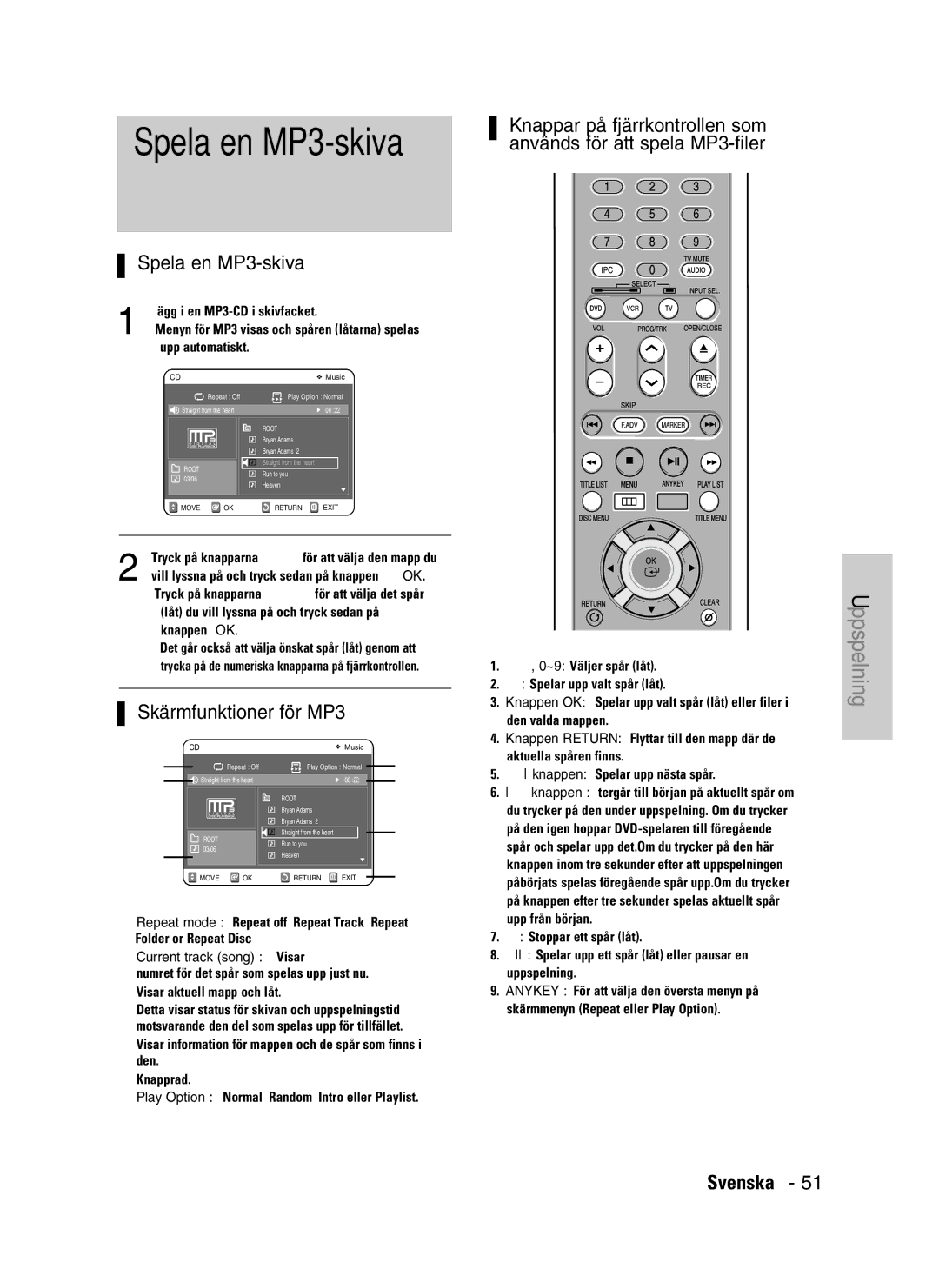 Samsung DVD-VR325/XEE manual Spela en MP3-skiva, @ Current track song Visar, …†, 0~9 Väljer spår låt 