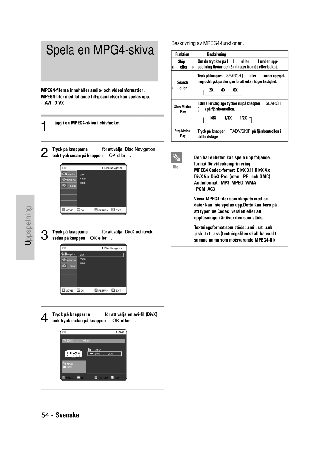 Samsung DVD-VR325/XEE manual Sedan på knappen OK eller √, Tryck på knapparna …† för att välja en avi-fil DivX 