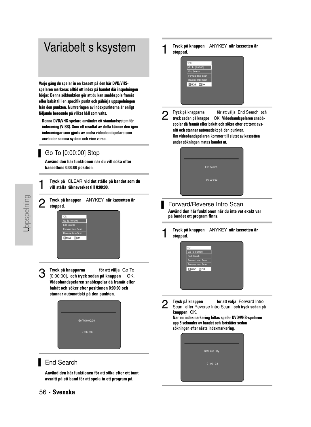 Samsung DVD-VR325/XEE manual Variabelt söksystem 