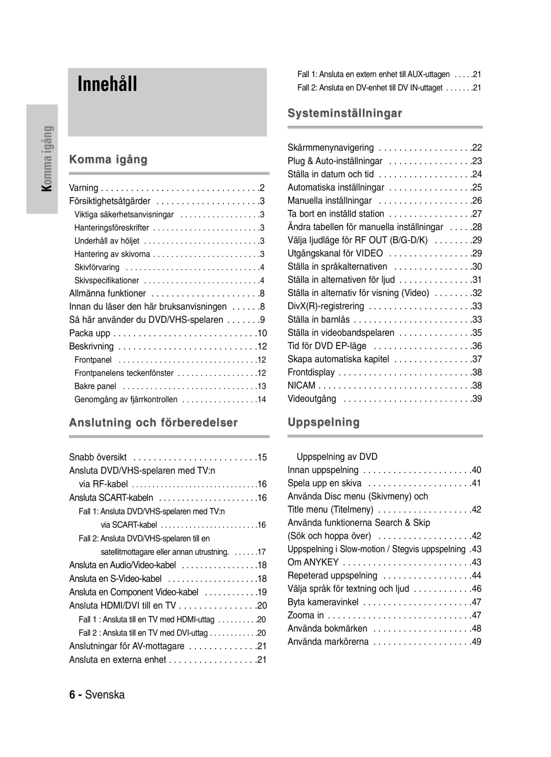 Samsung DVD-VR325/XEE manual Innehåll, Komma igång 