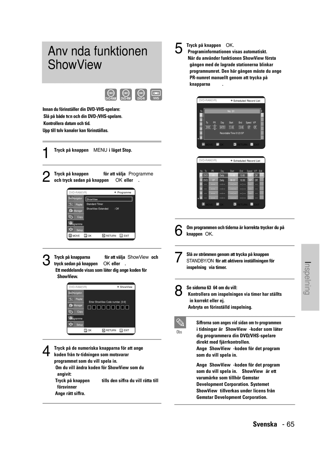 Samsung DVD-VR325/XEE manual Använda funktionen ShowView 