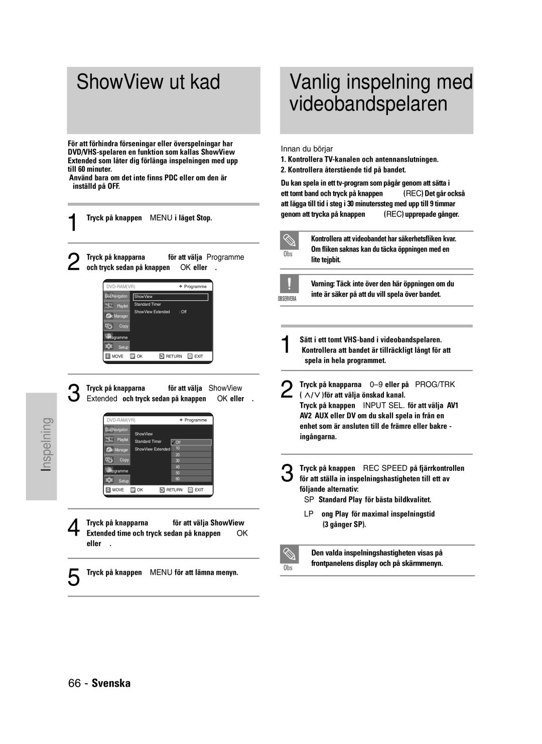 Samsung DVD-VR325/XEE manual ShowView utökad, Vanlig inspelning med videobandspelaren, Innan du börjar 