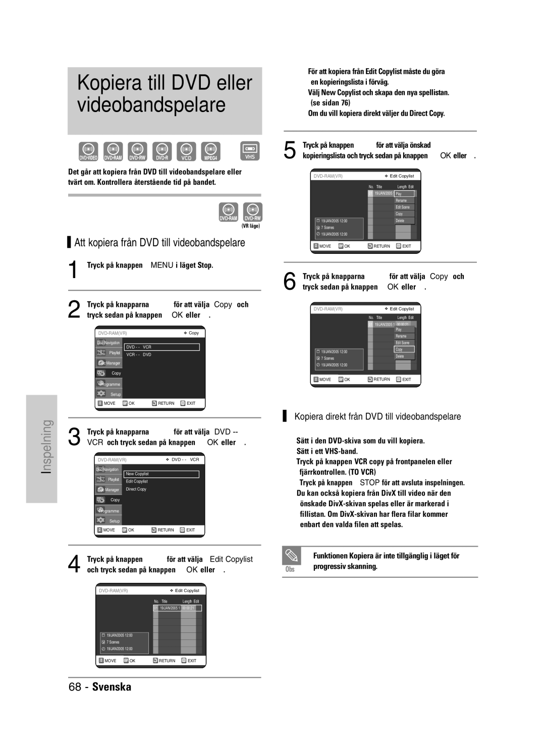 Samsung DVD-VR325/XEE manual Att kopiera från DVD till videobandspelare, Kopiera direkt från DVD till videobandspelare 