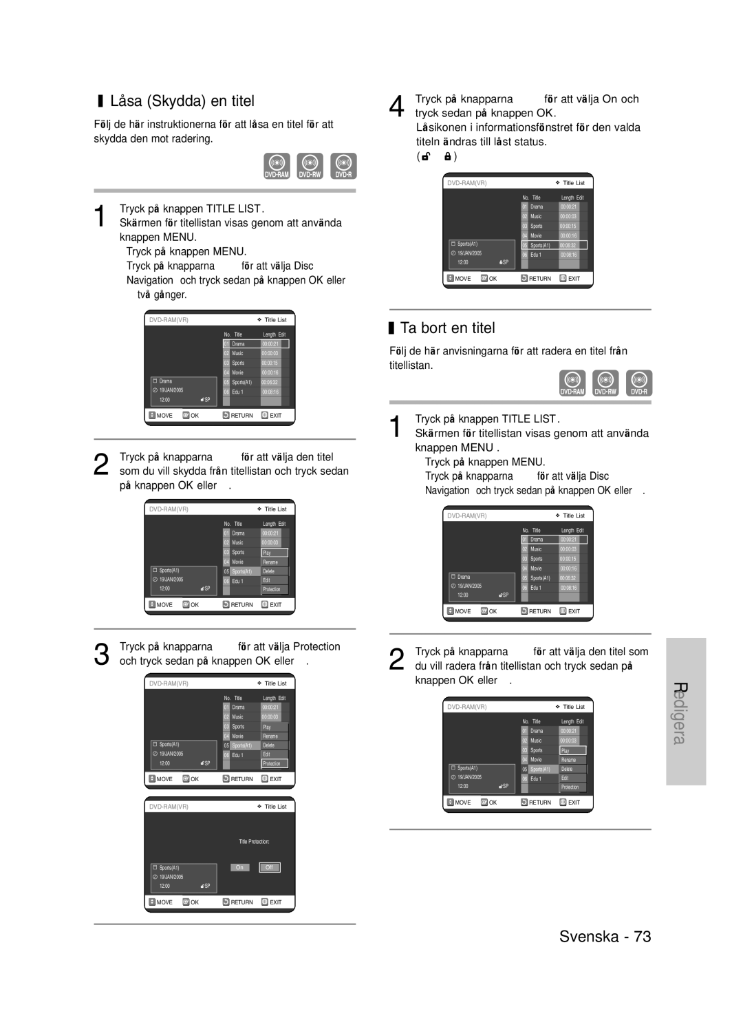 Samsung DVD-VR325/XEE manual Låsa Skydda en titel, Ta bort en titel, Knappen OK eller √ 