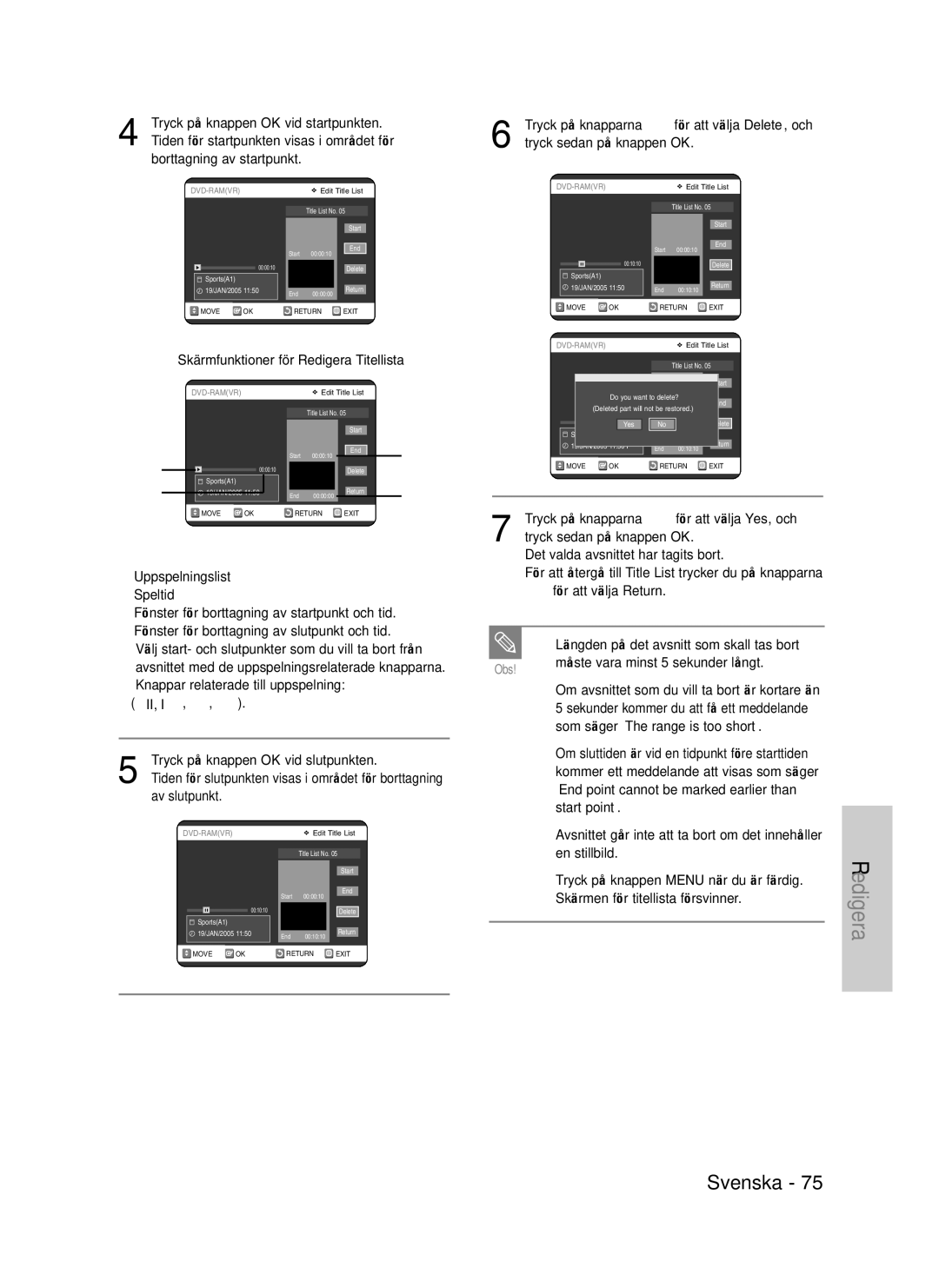 Samsung DVD-VR325/XEE manual Skärmfunktioner för Redigera Titellista 