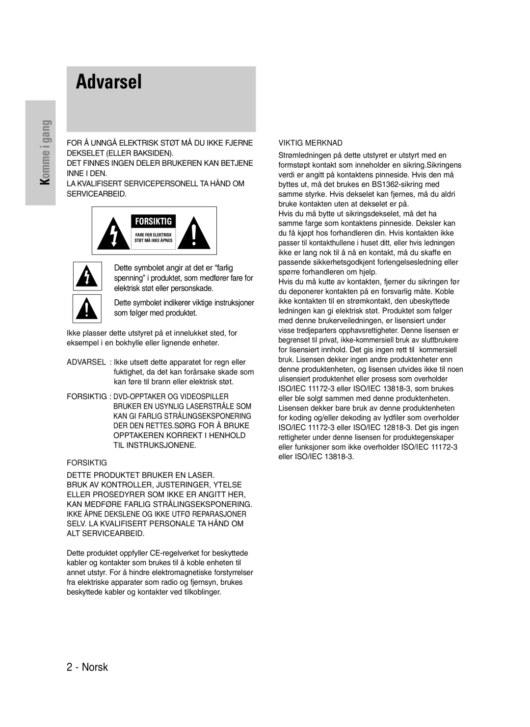 Samsung DVD-VR325/XEE manual Komme i gang 