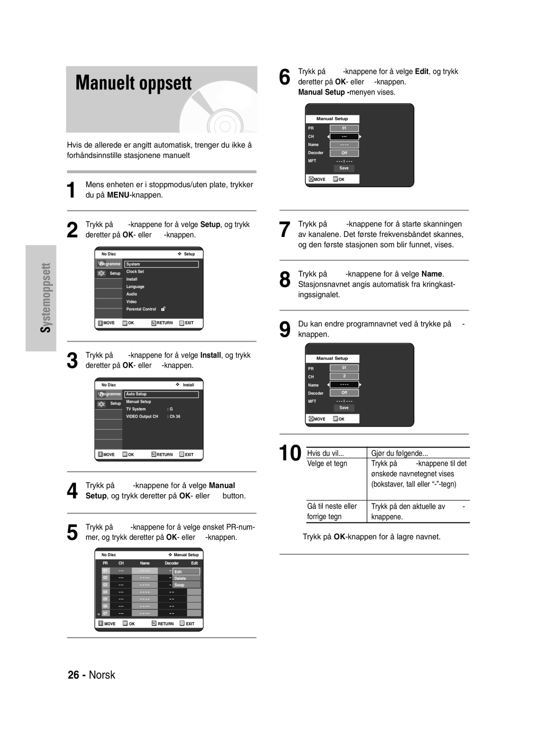 Samsung DVD-VR325/XEE manual Manuelt oppsett 