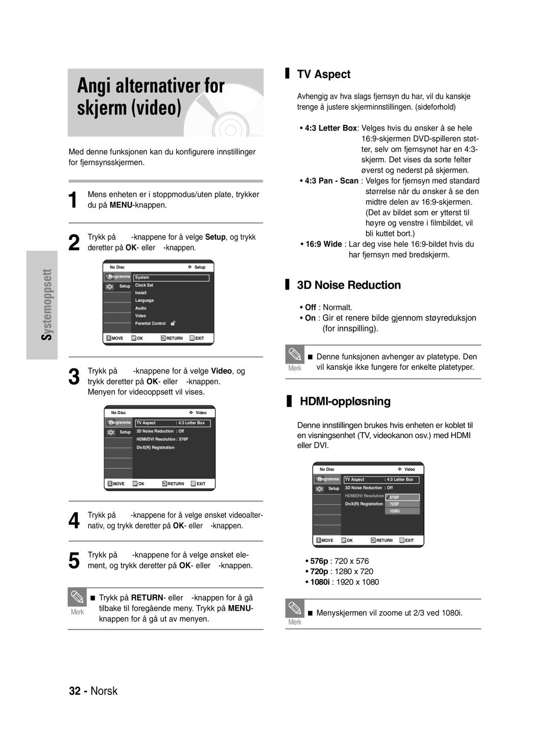 Samsung DVD-VR325/XEE manual TV Aspect, 3D Noise Reduction, HDMI-oppløsning 