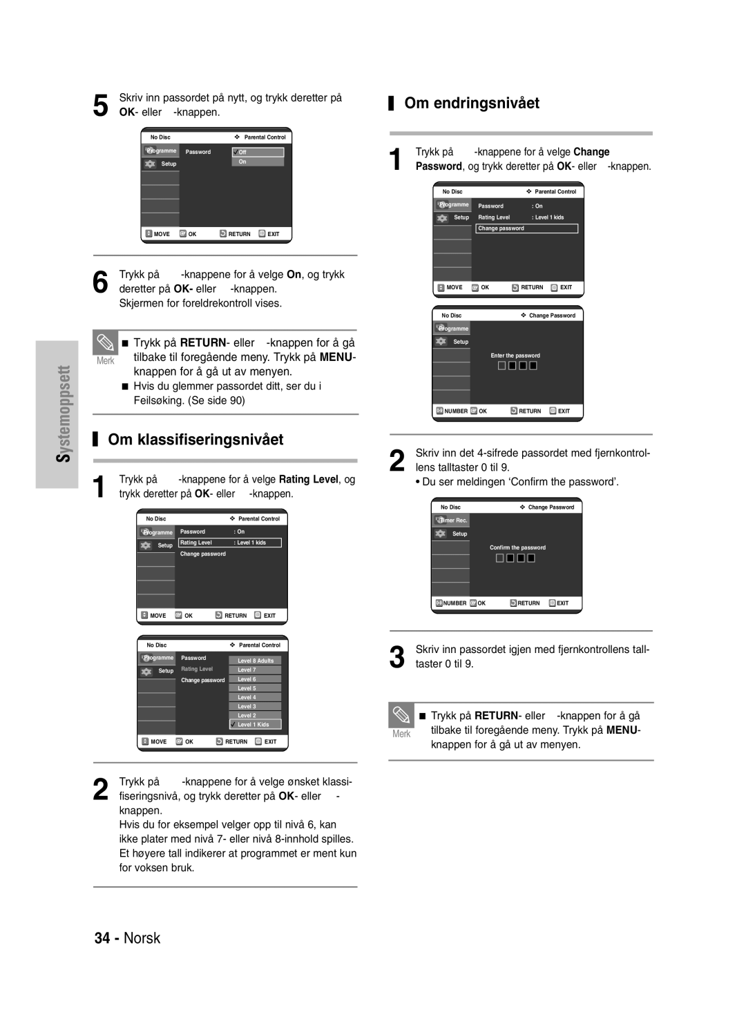 Samsung DVD-VR325/XEE manual Om klassifiseringsnivået, Om endringsnivået, OK- eller √-knappen 