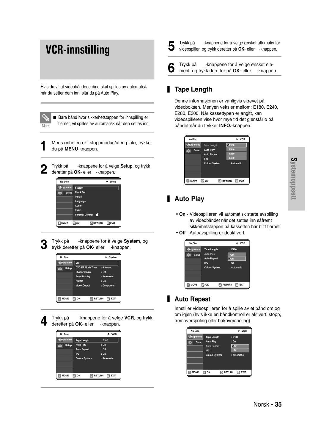 Samsung DVD-VR325/XEE manual VCR-innstilling, Tape Length, Auto Play, Auto Repeat 