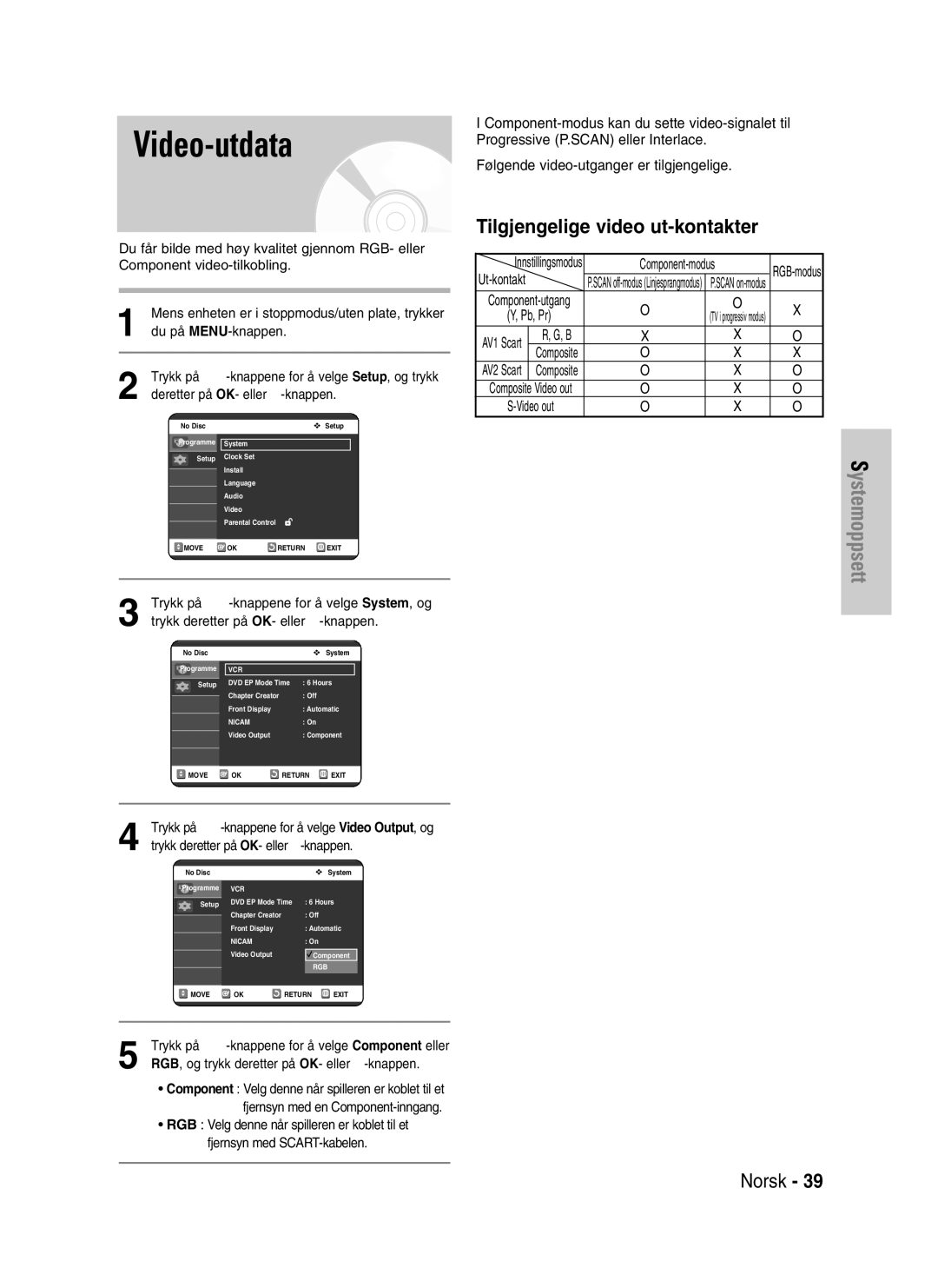 Samsung DVD-VR325/XEE manual Video-utdata, Tilgjengelige video ut-kontakter, RGB, og trykk deretter på OK- eller √-knappen 