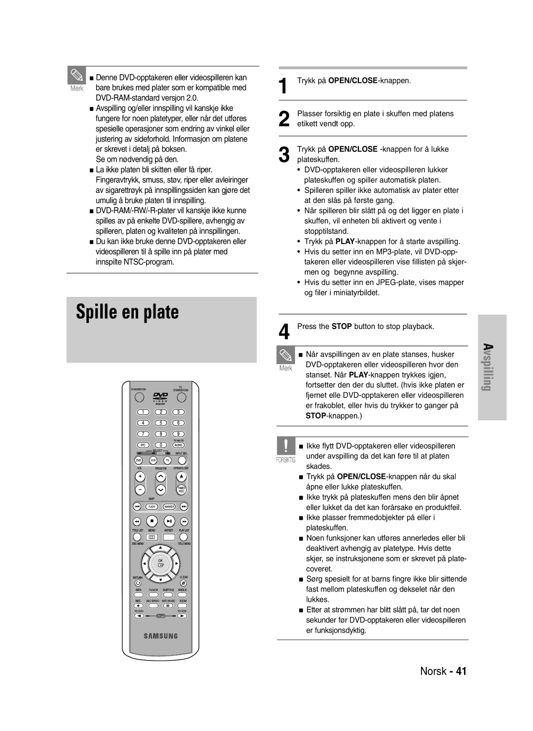 Samsung DVD-VR325/XEE manual Spille en plate 