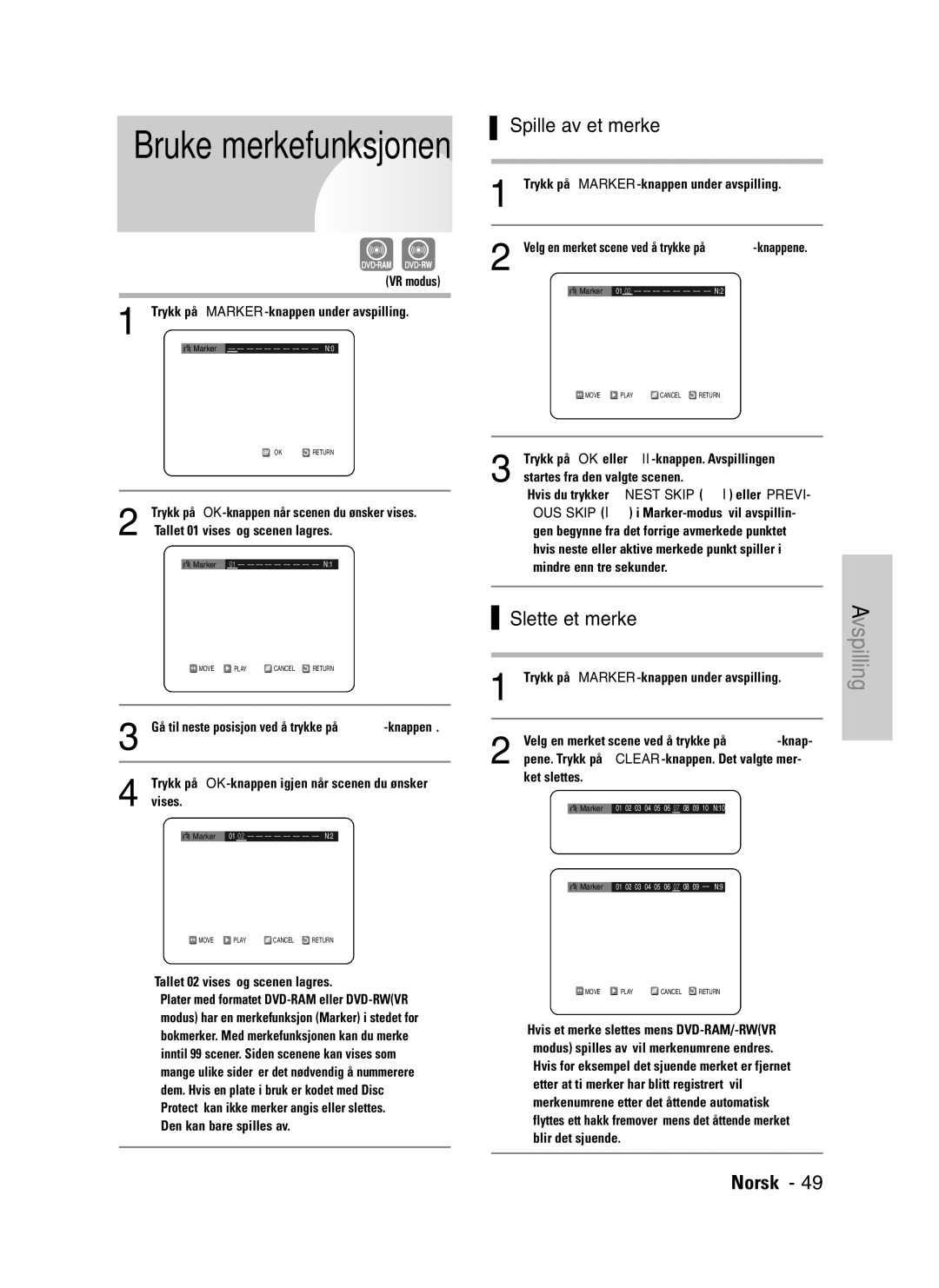 Samsung DVD-VR325/XEE manual Spille av et merke, Slette et merke 