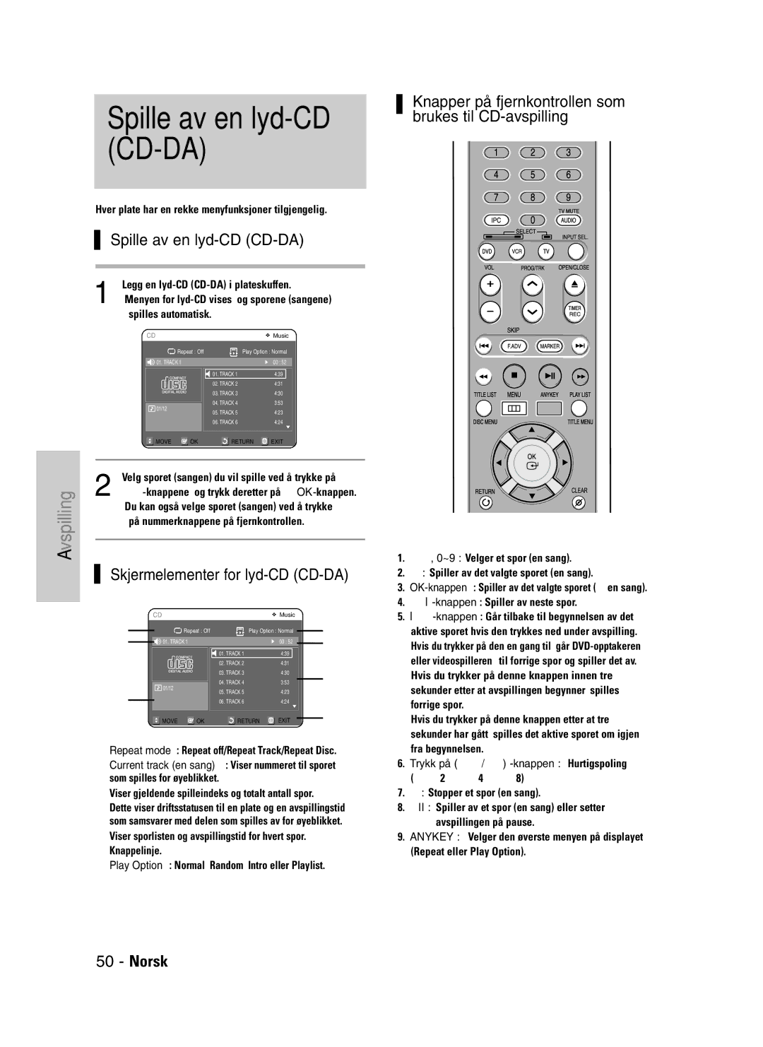 Samsung DVD-VR325/XEE manual Spille av en lyd-CD CD-DA, Skjermelementer for lyd-CD CD-DA 