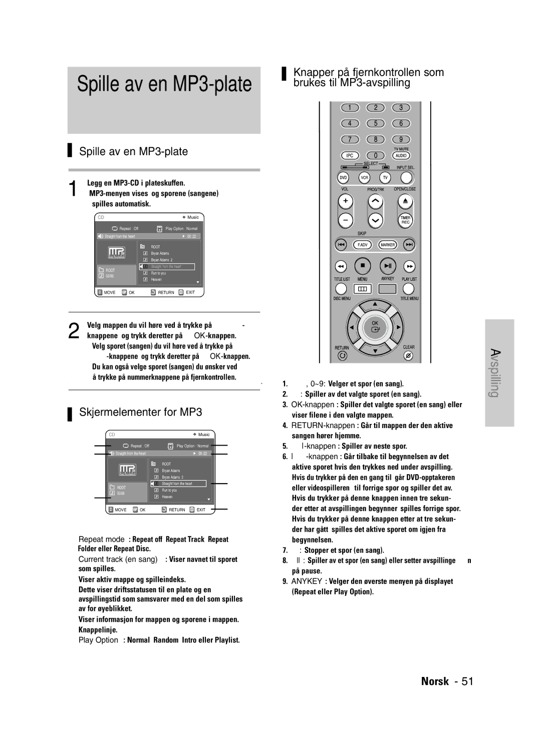 Samsung DVD-VR325/XEE manual Spille av en MP3-plate, Skjermelementer for MP3 