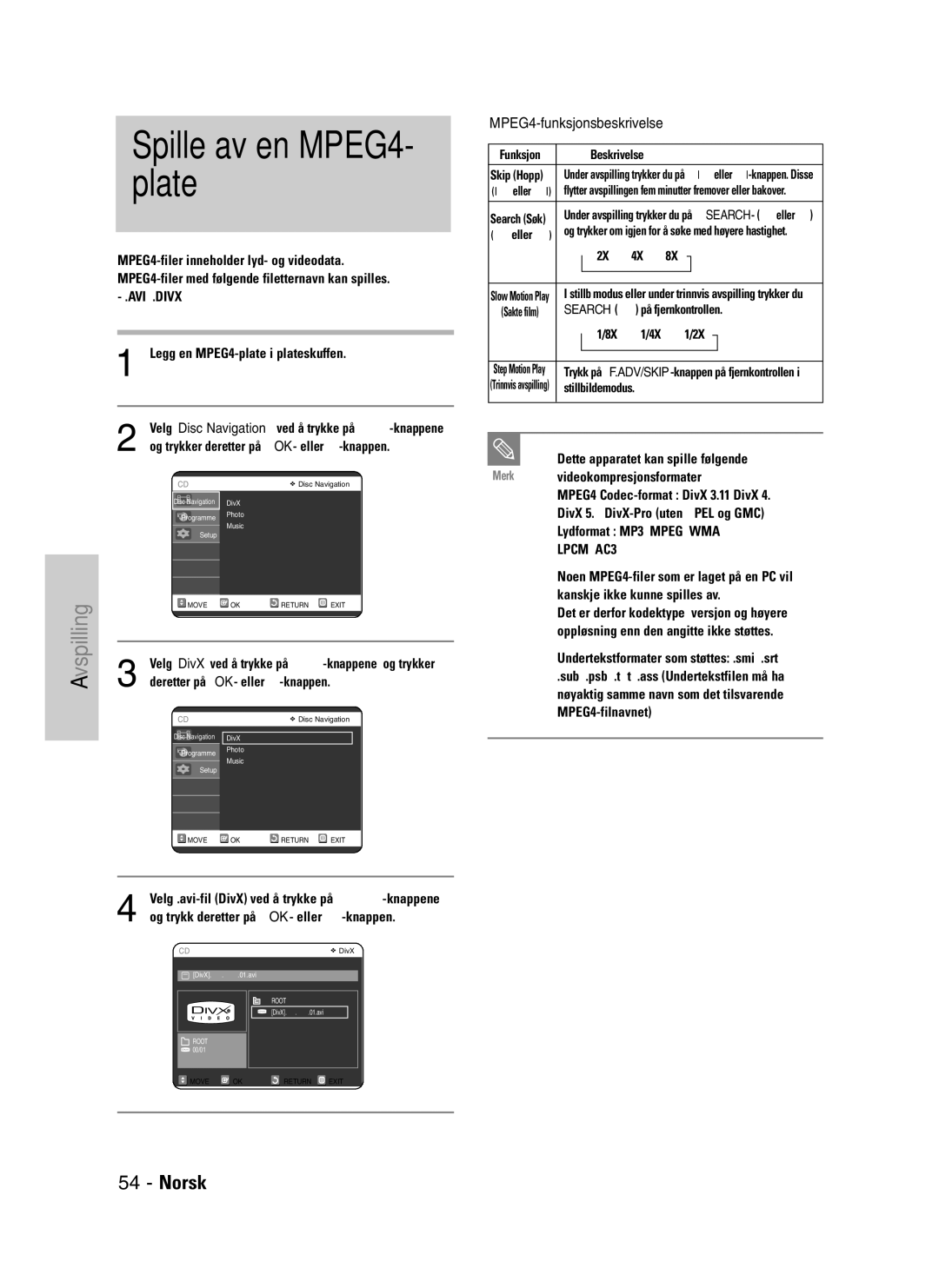 Samsung DVD-VR325/XEE manual Spille av en MPEG4- plate 