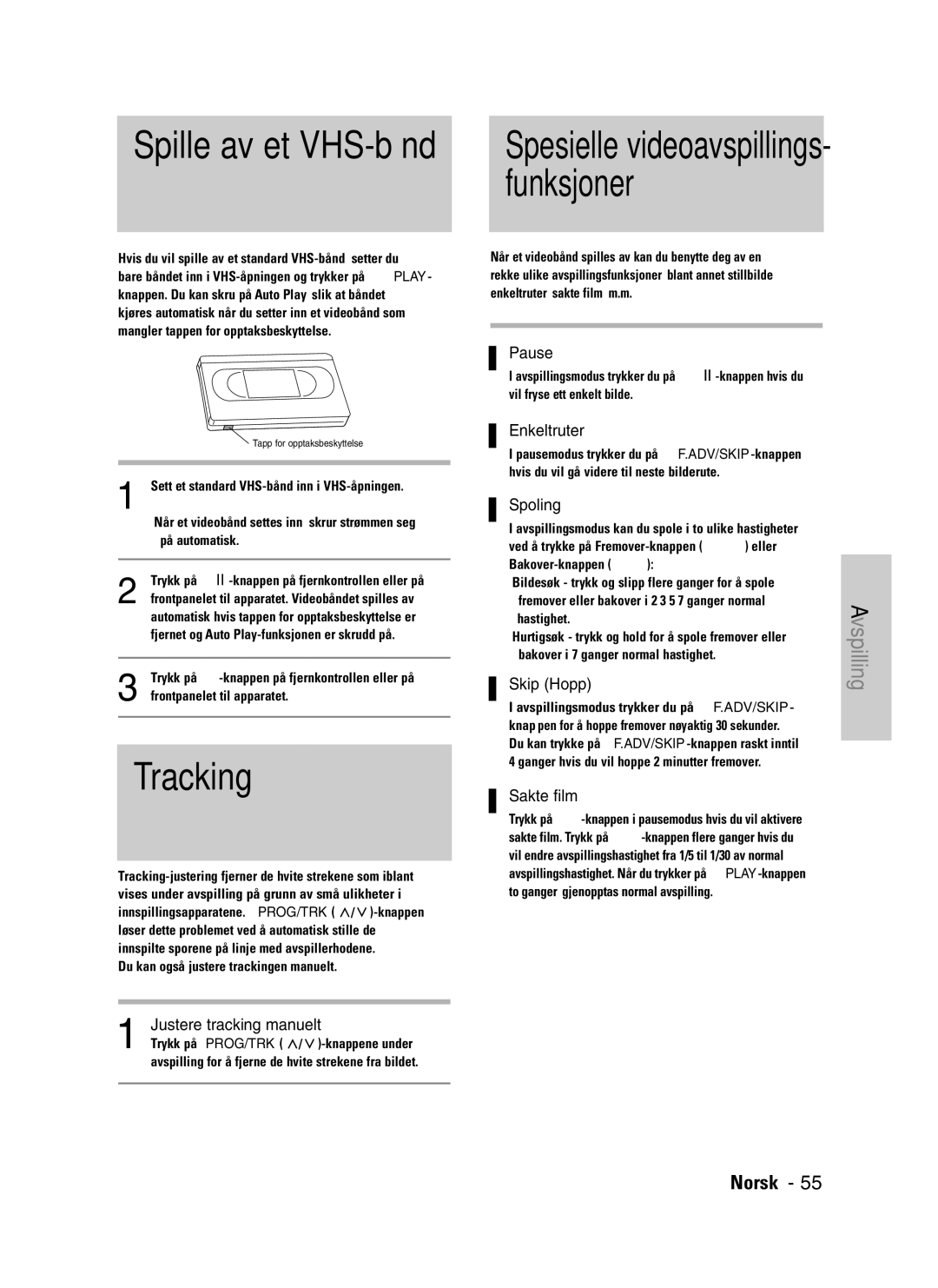 Samsung DVD-VR325/XEE manual Funksjoner, Tracking, Spille av et VHS-bånd 