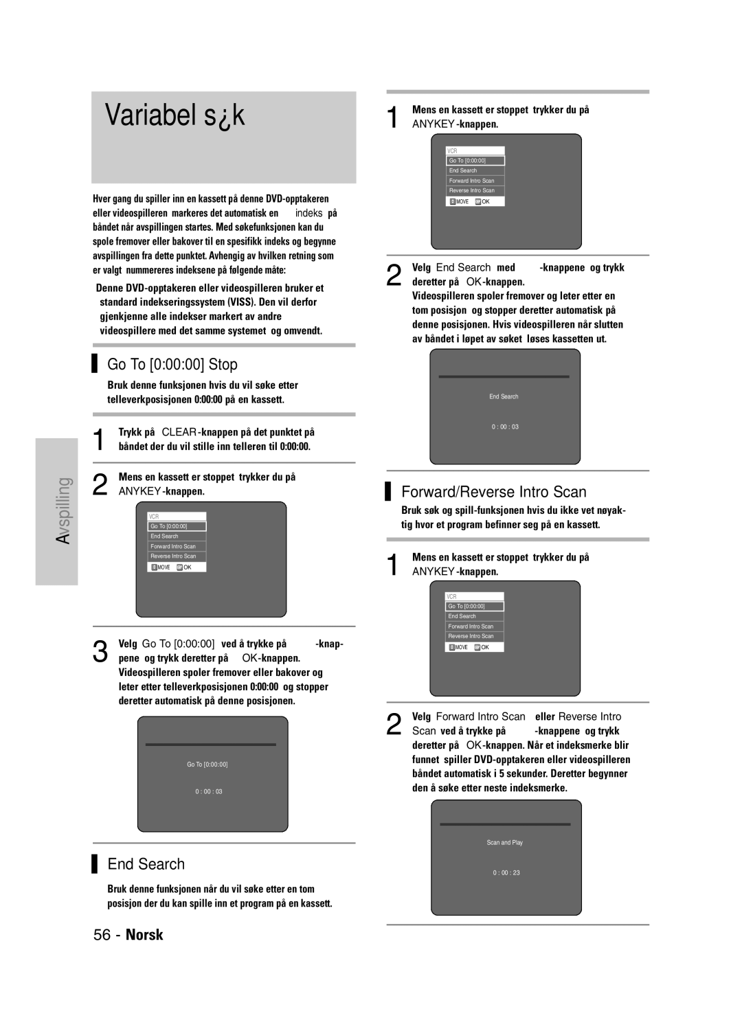 Samsung DVD-VR325/XEE manual Variabel søk, Mens en kassett er stoppet, trykker du på, ANYKEY-knappen 