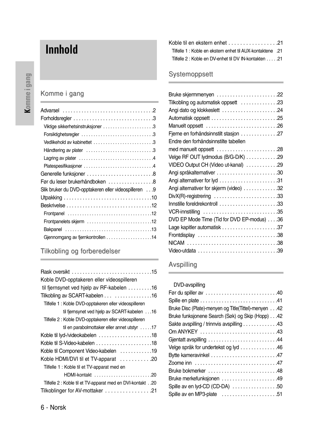 Samsung DVD-VR325/XEE manual Innhold, Til fjernsynet ved hjelp av SCART-kabelen, Til en parabolmottaker eller annet utstyr 