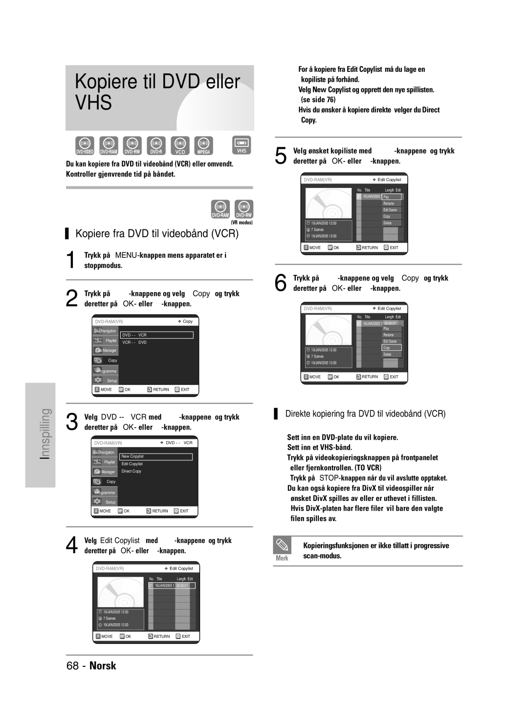 Samsung DVD-VR325/XEE manual Kopiere til DVD eller, Kopiere fra DVD til videobånd VCR 